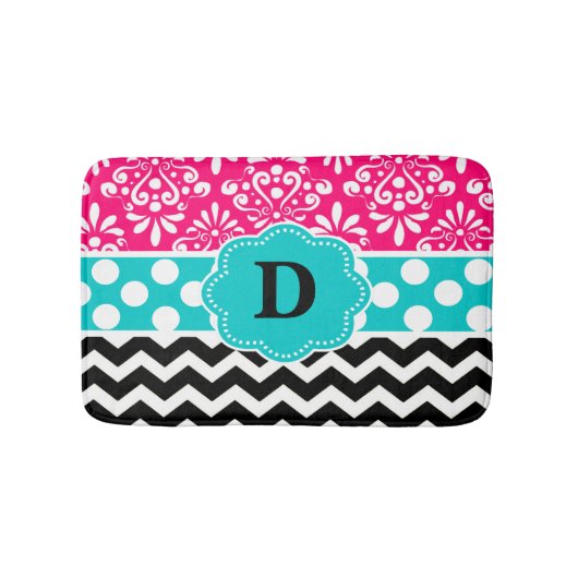 Roze Blauwgroen Stippen Chevron Monogram Bathmat Badmat (Voorkant)