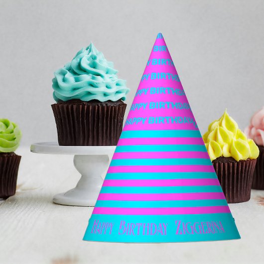 Roze, Blauwgroen strepen verjaardagsfeestje Pet Feesthoedjes