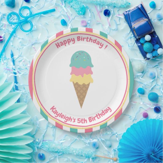 Roze Blauwgroen strips Ice Cream Kind Papieren Bordje (Feest)