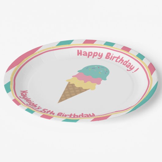 Roze Blauwgroen strips Ice Cream Kind Papieren Bordje (Gekanteld)