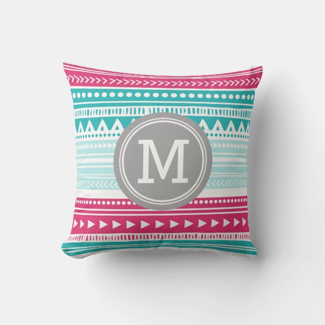 Roze Blauwgroen tribaal monogram Decoratief Pillow Kussen (Voorkant)
