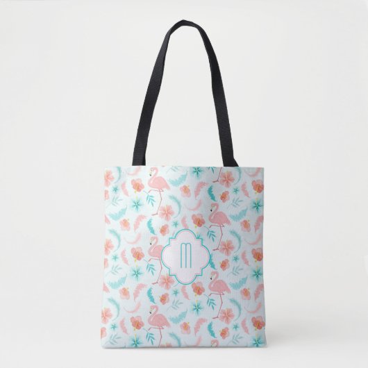 Roze Blauwgroen Tropisch Paradise Monogram Tote Bag (Voorkant)