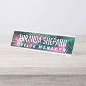 Roze Blauwgroen tropische zomerpalmen Bureau Naambordje (Voorkant)