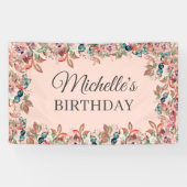 Roze Blauwgroen Waterverf Floral Birthday Spandoek (Horizontaal)