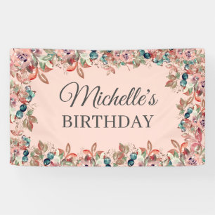 Roze Blauwgroen Waterverf Floral Birthday Spandoek