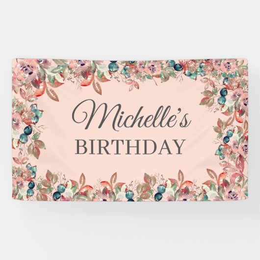 Roze Blauwgroen Waterverf Floral Birthday Spandoek (Horizontaal)