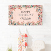 Roze Blauwgroen Waterverf Floral Happy Birthday Ba Spandoek (Insitu)