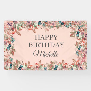 Roze Blauwgroen Waterverf Floral Happy Birthday Ba Spandoek
