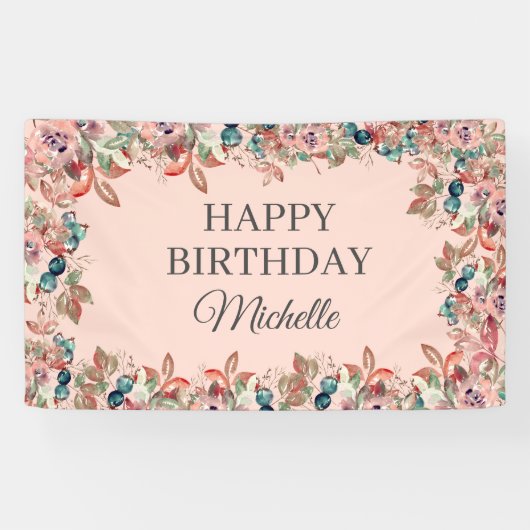 Roze Blauwgroen Waterverf Floral Happy Birthday Ba Spandoek (Horizontaal)