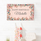 Roze Blauwgroen Waterverf Floral Happy Birthday Spandoek (Insitu)