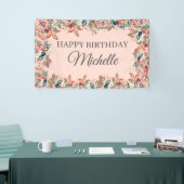 Roze Blauwgroen Waterverf Floral Happy Birthday Spandoek (Beurs)