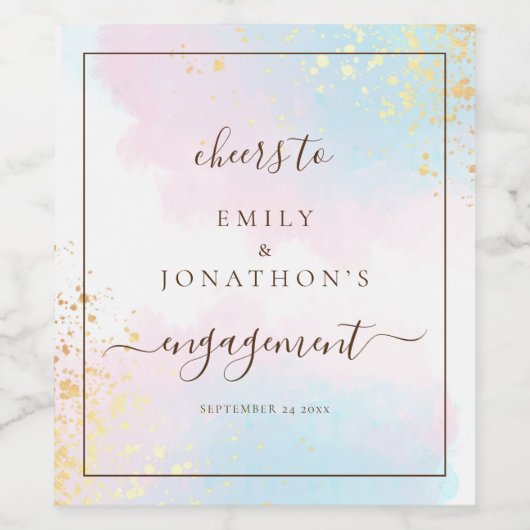 Roze Blauwgroen Waterverf Namen Cheers Verloving Wijn Etiket (Enkel label)