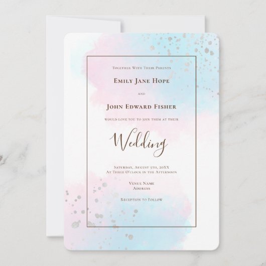 Roze Blauwgroen Waterverf Zilver Confetti Bruiloft Kaart (Voorkant)