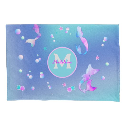 Roze Blauwgroen Zee Ocean Shells Mermaid Monogram  Kussensloop (Voorkant)