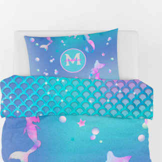 Roze Blauwgroen Zee Ocean Shells Mermaid Monogram Kussensloop