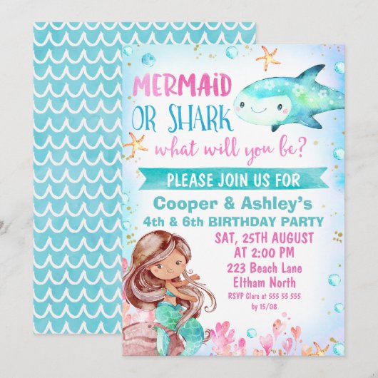 Roze Blauwgroen Zeemeermin en Haai Verjaardagsuitn Kaart (Voorkant / Achterkant)
