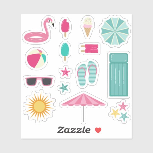 Roze Blauwgroen Zomerstrand Sticker (Vel)