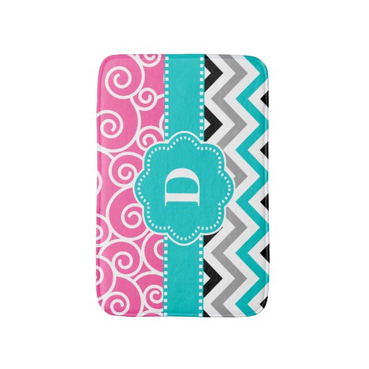Roze Blauwgroen zwirl Chevron Monogram Bathmat Bat Badmat (Voorkant Verticaal)