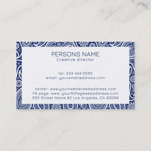 Roze blauwwitte  paisleypatroon visitekaartje (Achterkant)