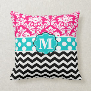 Roze blauwzwarte Damask Chevron Monogram Pillow Kussen