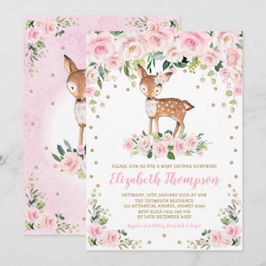 Roze bleekhout van Floral Deer Baby Girl Shower Kaart (Voorkant / Achterkant)