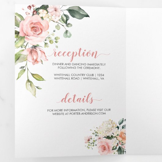 Roze, bleke witte Waterverf Drieluik Uitnodiging (Binnenzijde eerst)