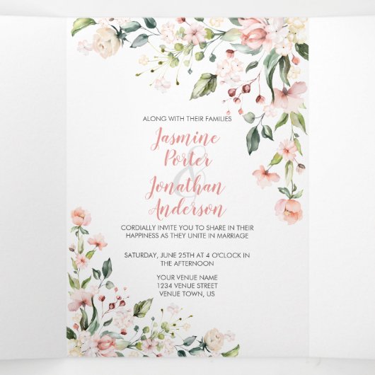 Roze, bleke witte Waterverf Drieluik Uitnodiging (Binnenkant midden)