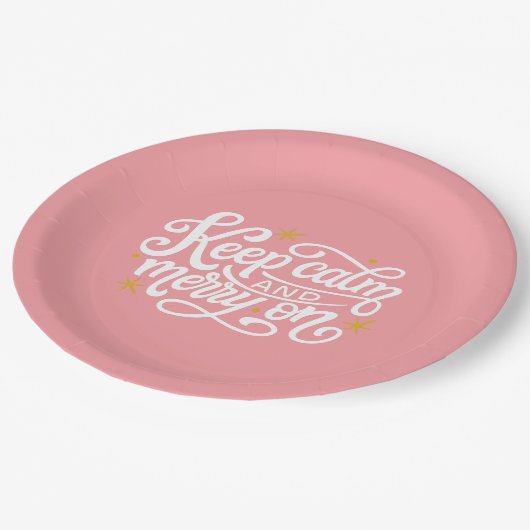 Roze Blijf kalm en vrolijk op typografie Papieren Bordje (Gekanteld)