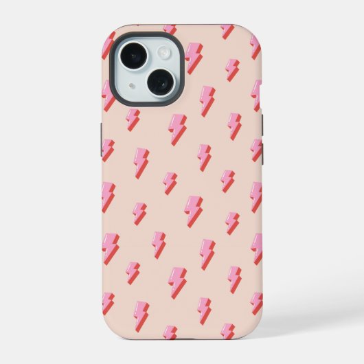 Roze bliksemschicht patroon iPhone 15 case (Achterkant)