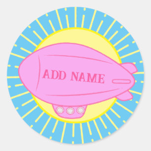 Roze Blimp Ballon Blue Sky Custom Ronde Sticker