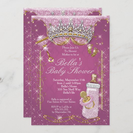 Roze Bling Glitter Baby Shower Uitnodigingen (Voorkant / Achterkant)