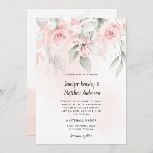 Roze Bliss Pastel Roze en Groene Bloemen Bruiloft Kaart (Voorkant / Achterkant)