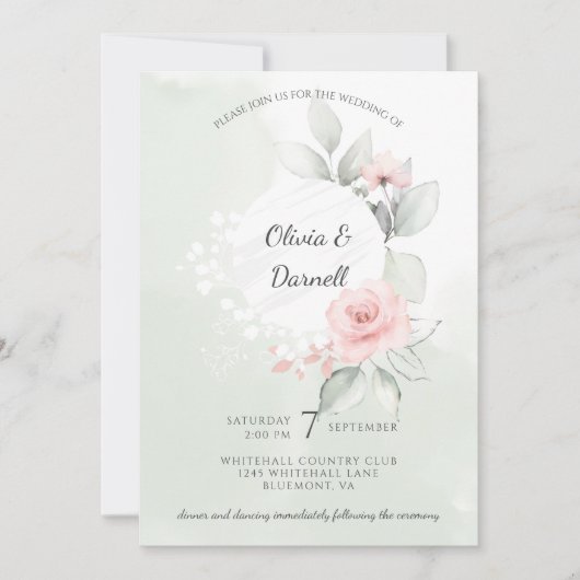 Roze Bliss Rozen Pastel Groene Wash Bruiloft Kaart (Voorkant)