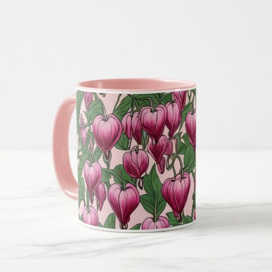 Roze bloedend hartbloempatroon mok (Voorkant links)