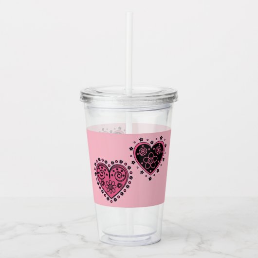 Roze bloederige harten acryl drinkbeker (Voorkant)