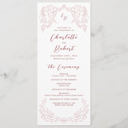 Roze  Bloei Monogram Trouwprogramma Menu (Voorkant)