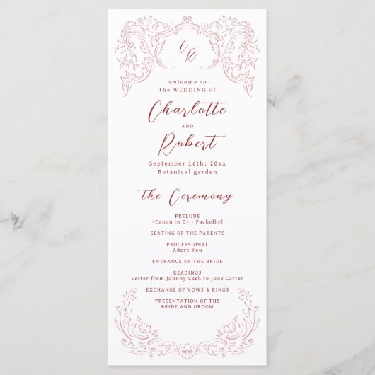 Roze  Bloei Monogram Trouwprogramma Menu (Voorkant)