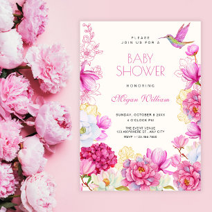 Roze bloeiende bloemen baby shower kaart