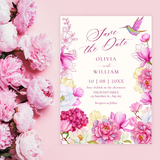 Roze bloeiende bloemen bruiloft save the date