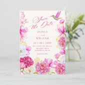 Roze bloeiende bloemen bruiloft save the date (Staand voorkant)