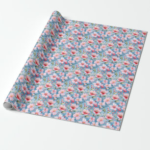 Roze Bloeiende Bloemen op Blauw Cadeaupapier