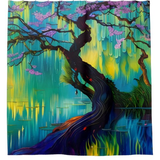 Roze Bloeiende Boom over turquoise Water Douchegordijn (Voorkant)