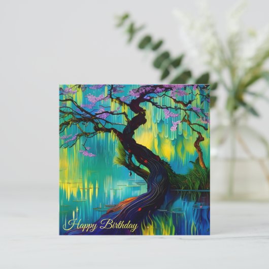 Roze Bloeiende Boom Over Water Verjaardag (Staand voorkant)