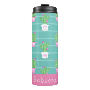  roze bloeiende cactus en strips   Monogram Thermosbeker