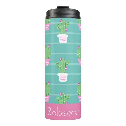  roze bloeiende cactus en strips | Monogram Thermosbeker (Voorkant)