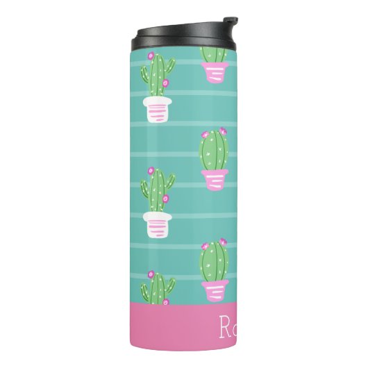 roze bloeiende cactus en strips | Monogram Thermosbeker (Gedraaid links)