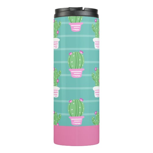  roze bloeiende cactus en strips | Monogram Thermosbeker (Achterkant)