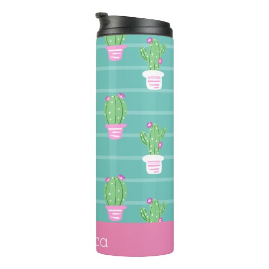 roze bloeiende cactus en strips | Monogram Thermosbeker (Geroteerd rechts)