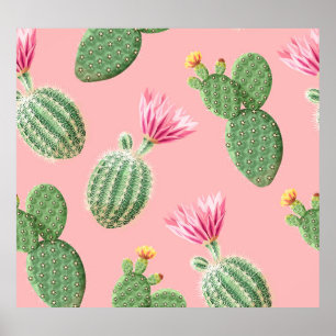 Roze bloeiende cactus lichte achtergrond poster
