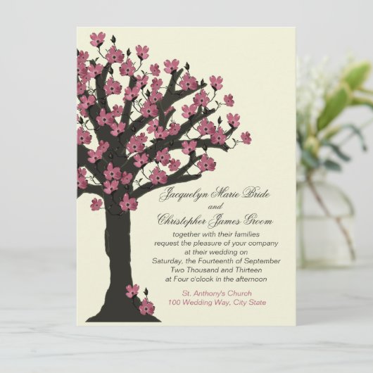 Roze Bloeiende Dogwood Tree Wedding Kaart (Staand voorkant)